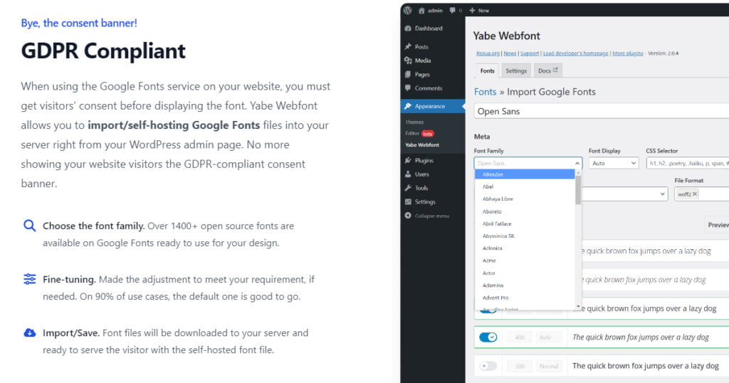 Yabe Webfont helps self host google fonts locally to make your website GDPR-Compliant